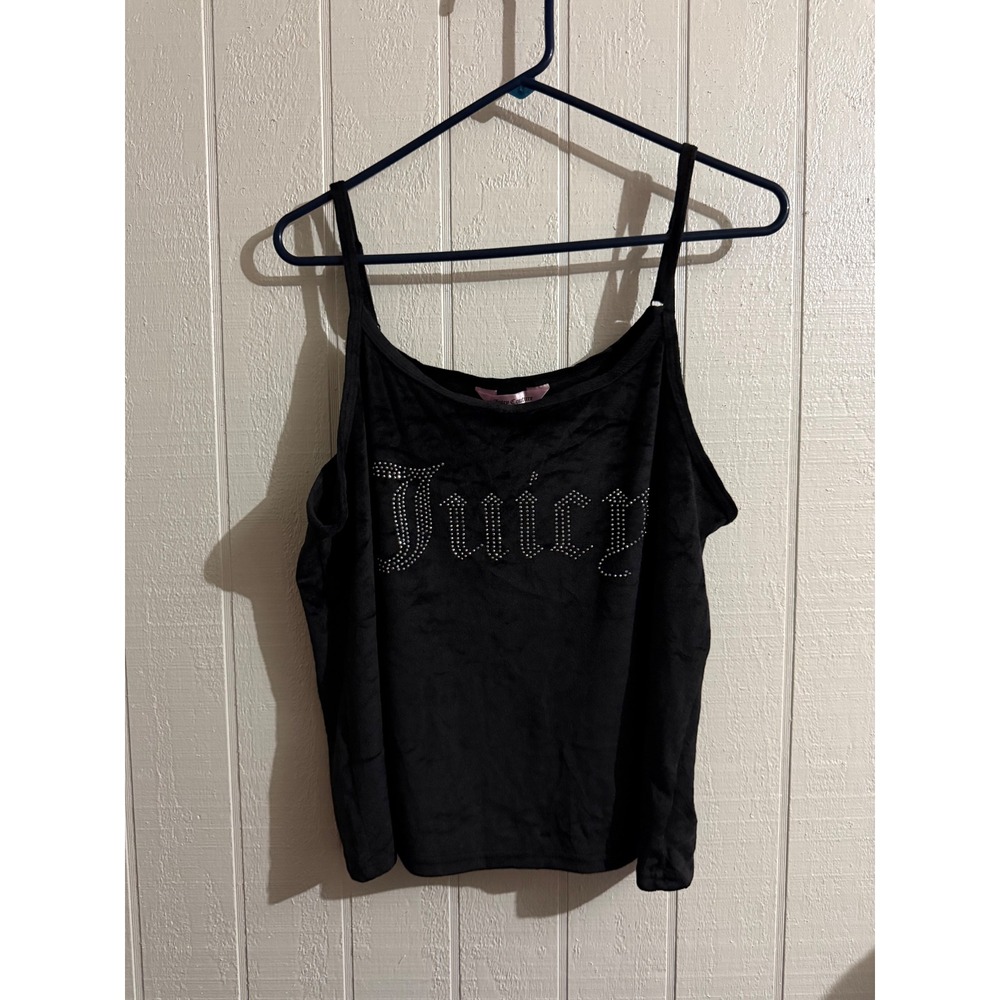Juicy Couture Black Crushed Velour Rhinestone Logo Sleep Cami Tank Top Large